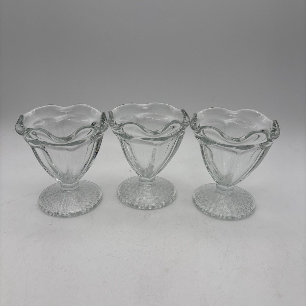3 Vintage Heavy Glass Libbey Tulip Footed Ice Cream/Sundae Glasses 4"